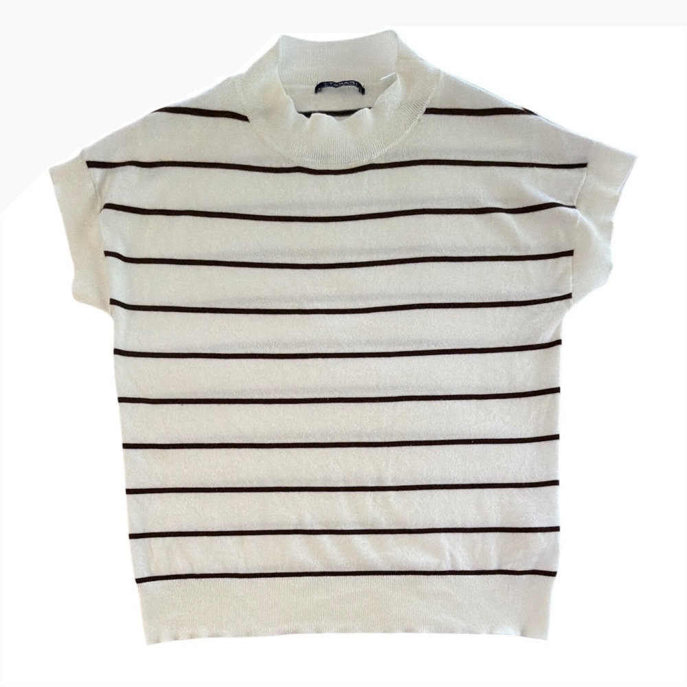 T‎ Tahari Womens Small Striped Brown Mock Neck Cap Sleeve Knit Top Ivory